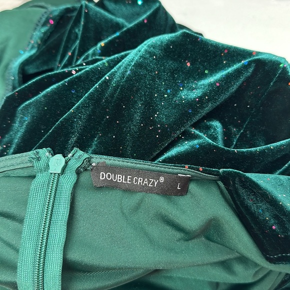 Double Crazy Midi Dress Velvet Velour Glitter Sparkle Emerald Green Size Large - Picture 8 of 12